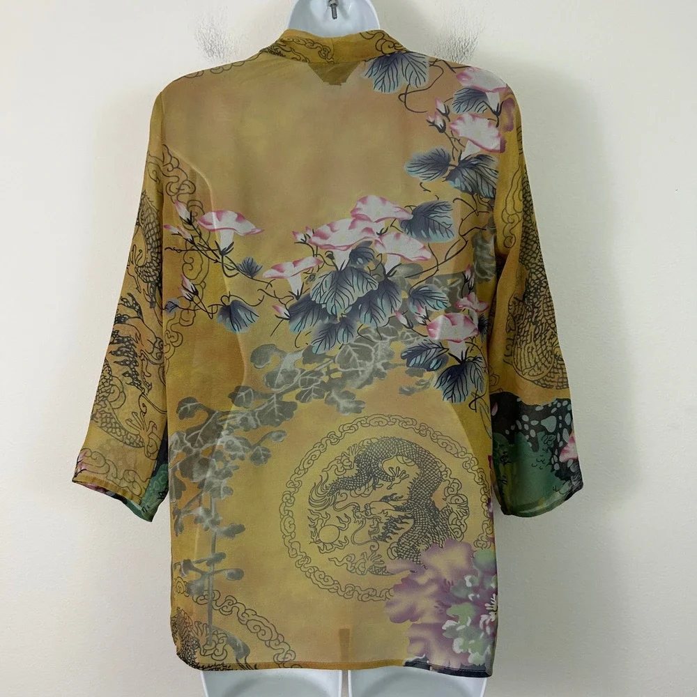 Citron Santa Monica 100% Silk Dragon Floral Open Front Kimono Cardigan Small